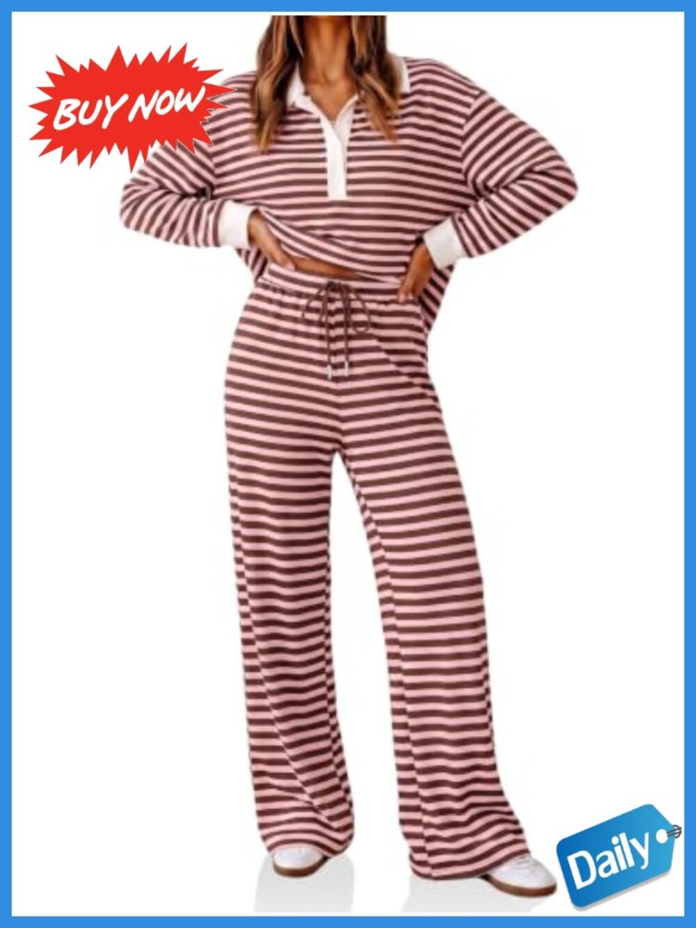Striped 2 Piece Outfit Polo Shirt & Wide Leg Pants Set